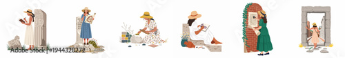 Set of illustrations depicting a female archaeologist exploring, documenting, and studying ancient historical ruins and artifacts in a minimalist vector style.