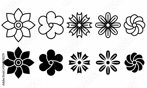 Flower Ornament Floral Icon Set.Decorative botanical vector for pattern, nature, and design. outline silhouette styles