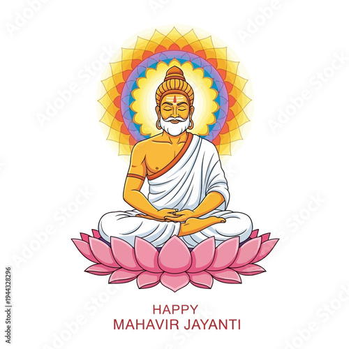 Lord Mahavir meditating in lotus pose with colorful aura, Happy Mahavir Jayanti