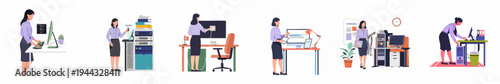 Flat vector illustrations of a female IT specialist working as a programmer and system administrator in various modern office and server room scenarios.