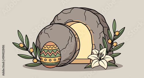 A decorative illustration featuring a stone tomb, Easter egg, and flowers in a flat, modern style