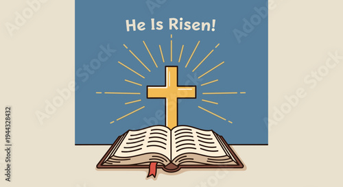 An open Bible with a cross and rays of light, in a modern flat style, symbolizing resurrection