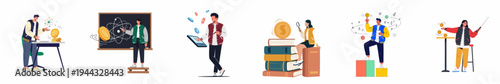Flat Illustrations Set of Students Learning Economics, Finance, and Money Management Concepts