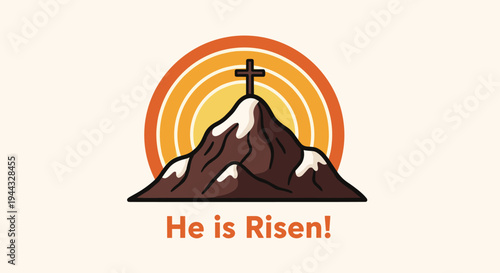 A stylized illustration of mountains with a cross, featuring retro colors and a joyful theme for Easter
