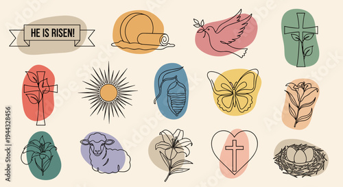A collection of Easter-themed illustrations featuring symbols like crosses, flowers, and a sheep in a modern, minimalist style