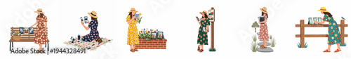 Flat illustration set of women in floral dresses and sun hats using tablets and mobile devices in various outdoor summer settings.