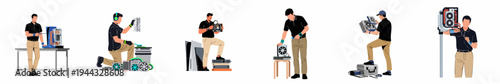Set of vector illustrations showing technicians repairing and maintaining gaming consoles and computer hardware components in a clean, modern flat style.