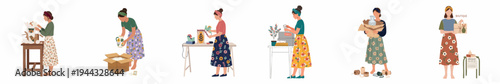 Illustration set of women entrepreneurs managing a small business, packing and shipping handmade ceramic vases for their online boutique store.