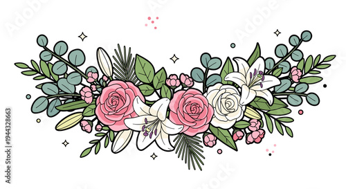 A vibrant floral arrangement featuring roses, lilies, and greenery in a modern, minimalist style