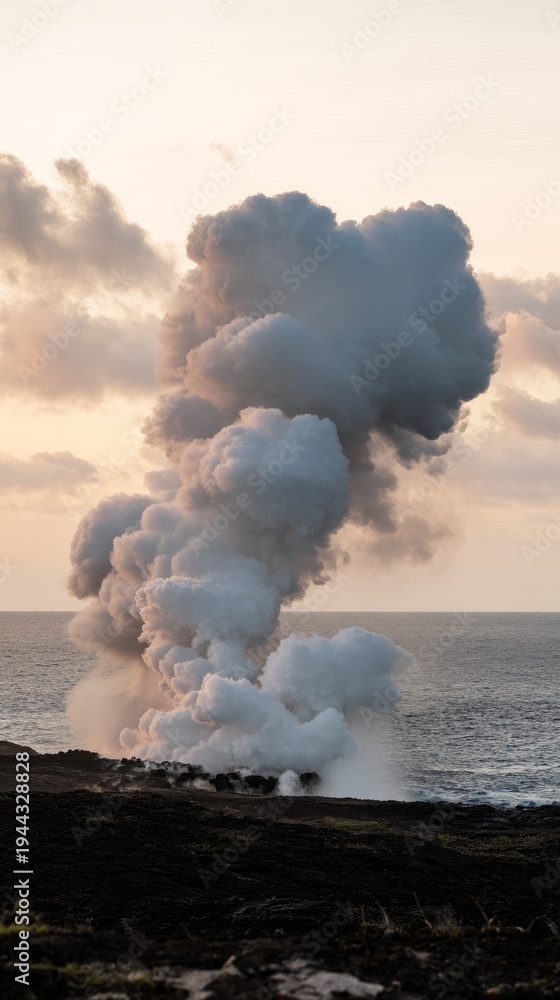 Fototapeta premium meson. Lava meeting ocean, forming black volcanic rock with rising steam at sunset. inspiring travel planning, travel magazines, designed for travel destination branding, used by nutritionists. 