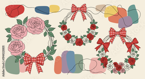 A collection of floral wreaths featuring roses and bows, illustrated in a modern, colorful style suitable for various designs