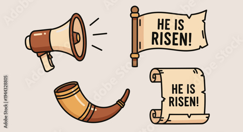 A collection of festive illustrations featuring a megaphone, trumpet, and scroll celebrating Easter with cheerful messages