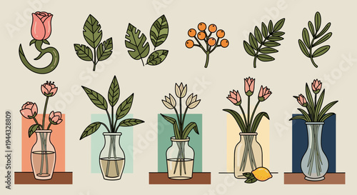 A collection of hand-drawn floral illustrations featuring various flowers and leaves in stylish vases, showcasing a modern design