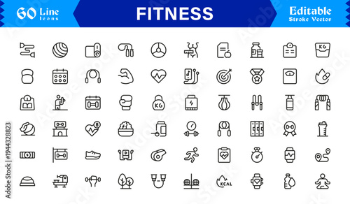 Fitness, Workout, Gym Line Icon Set  Professional, Modern, Minimal, and Pixel-Perfect Outline Symbols