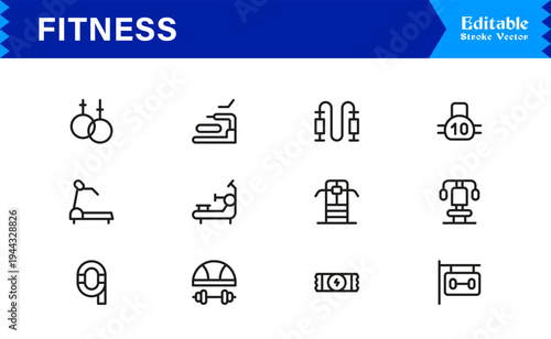 Fitness, Workout, Gym Line Icon Set  Professional, Modern, Minimal, and Pixel-Perfect Outline Symbols