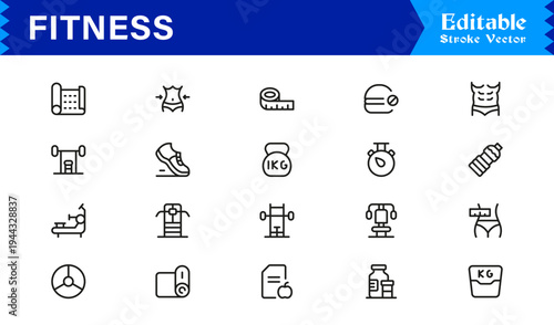 Fitness, Workout, Gym Line Icon Set  Professional, Modern, Minimal, and Pixel-Perfect Outline Symbols