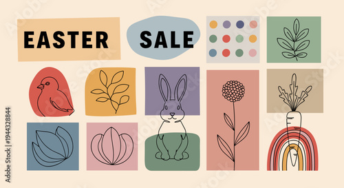 A colorful Easter sale illustration featuring various spring-themed icons in a modern flat style