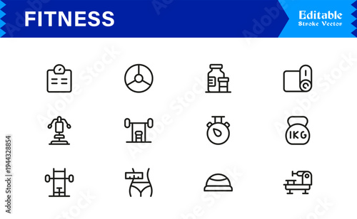 Fitness, Workout, Gym Line Icon Set  Professional, Modern, Minimal, and Pixel-Perfect Outline Symbols