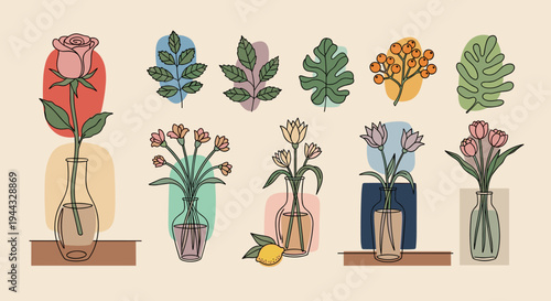 A collection of stylish floral illustrations featuring vases, plants, and flowers in a modern, minimalist style