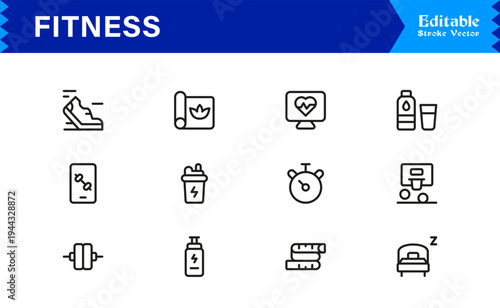 Fitness, Workout, Gym Line Icon Set  Professional, Modern, Minimal, and Pixel-Perfect Outline Symbols