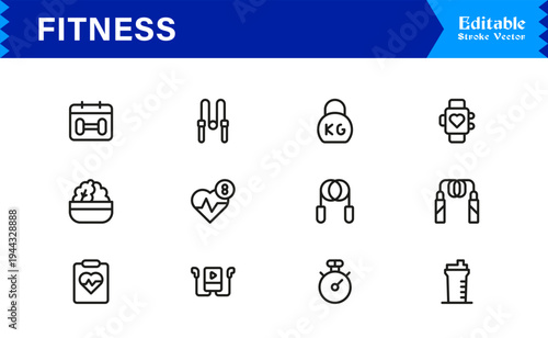 Fitness, Workout, Gym Line Icon Set  Professional, Modern, Minimal, and Pixel-Perfect Outline Symbols