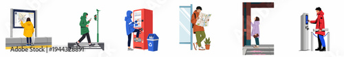 Set of vector illustrations showing diverse people navigating an urban environment using maps, mobile devices, vending machines, and digital information kiosks.