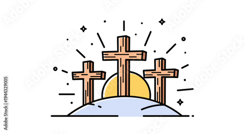 Three stylized crosses on a hill with a rising sun, featuring a modern, minimalist design, suitable for religious themes