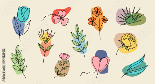 A colorful collection of hand-drawn flowers and leaves in a modern, minimalist style, ideal for floral designs