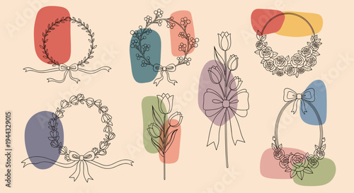 A collection of elegant line-drawn floral wreaths and bows in a minimalist style, perfect for decoration or invitations