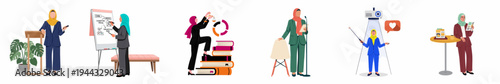 Collection of flat vector illustrations featuring professional Muslim women in hijabs and suits during various business, legal, and educational activities.