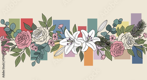 A vibrant floral arrangement featuring various flowers and leaves in a modern, flat style with colorful geometric backgrounds