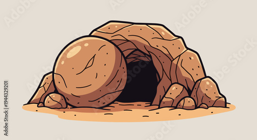 A cartoon-style cave entrance with a large boulder, featuring earthy tones and a playful design, suitable for storytelling or adventure themes