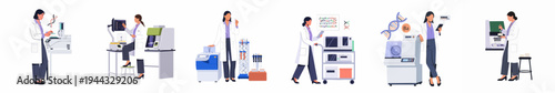 Collection of female scientists working in a modern laboratory with high-tech equipment for genetic research and clinical diagnostics.