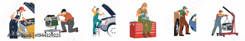 Set of vector illustrations depicting male and female mechanics repairing car engines, using tools, and performing automotive maintenance in a workshop.