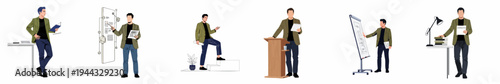 Businessman illustration set featuring diverse office scenarios including presentations, public speaking, and studying decentralization topics in a modern professional setting.