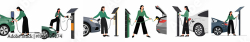 Set of illustrations depicting a woman charging electric cars at various solar-powered charging stations, emphasizing sustainable and green energy transportation.