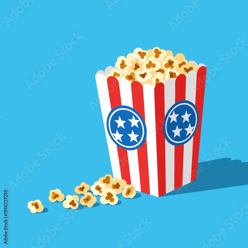 Popcorn bucket with spilled kernels on blue background, movie night snack, cinema food, Tennessee flag emblem