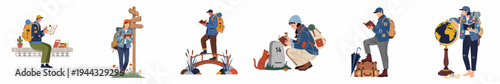 Set of diverse travelers and backpackers engaged in reading, writing, and exploring world destinations, presented in a clean flat vector illustration style.
