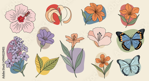 A collection of colorful floral illustrations and a butterfly, featuring a modern, flat design style suitable for nature themes