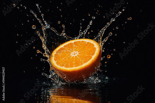 Fresh orange slice splashing into water on black background high speed photography