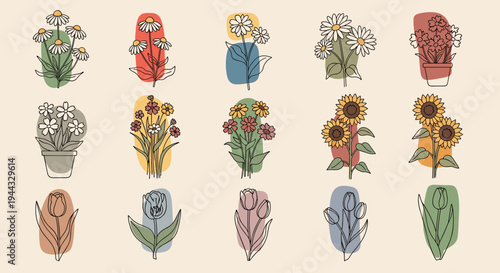 A vibrant collection of hand-drawn flower illustrations in pots, featuring various floral designs and colors, ideal for nature-themed projects