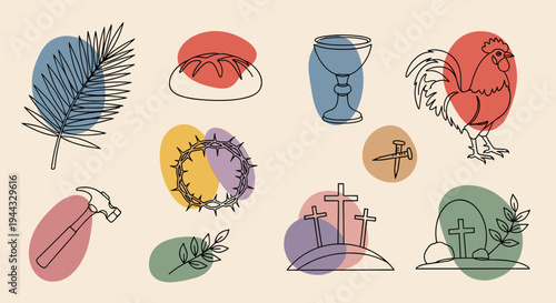 A collection of minimalist line art illustrations featuring religious symbols and elements with vibrant overlapping colors