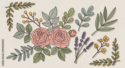 A charming arrangement of pink roses and various foliage in a modern, illustrative style, perfect for floral designs