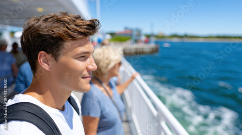 Young traveler on a ferry boat at dock overlooking ocean waves for summer travel agency excursion promotion banner ferry tour marketing and coastal sightseeing ad