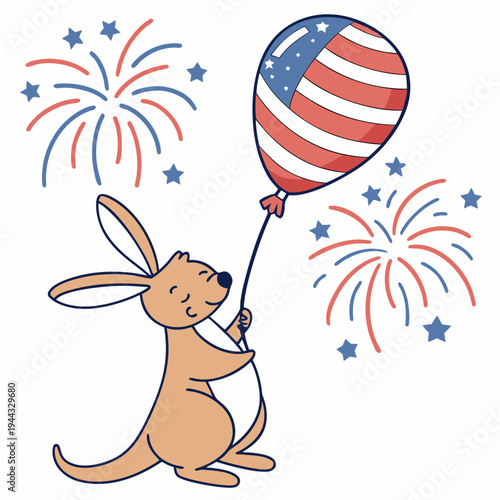 Cute Sleepy Kangaroo, accessorized with with a balloon, in a Independence Day (4th of July) world – Patriotic Spark palette vector