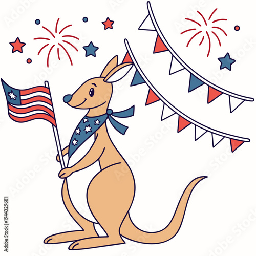 Delightful Bashful Kangaroo in a Independence Day (4th of July) scene with with a scarf – Patriotic Spark vector illustration