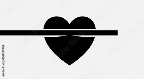 Black Heart Symbol Cut by Horizontal Line, Abstract Concept of Broken Love or Sadness