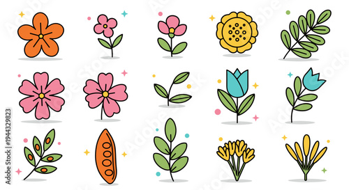 A vibrant collection of floral icons featuring various flowers and leaves in a playful, modern style