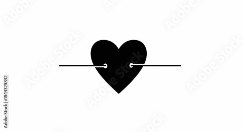 Black Heart Symbol Pierced by Two Horizontal Lines on White Background
