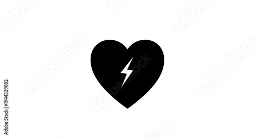 Black Heart with Lightning Bolt Icon: Symbol of Broken Heart, Shock, or Energy